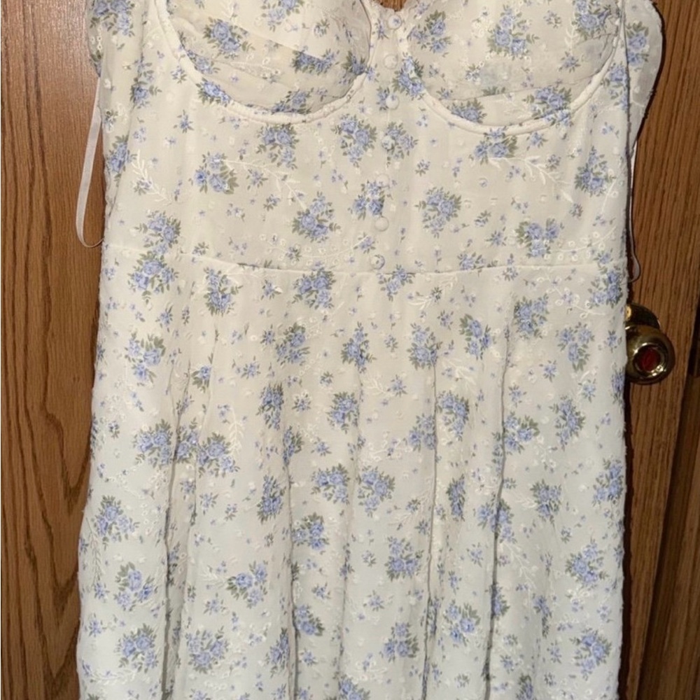 Windsor White Dress with Light Lavender-Blue Floral Accents